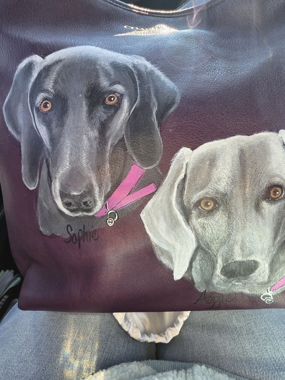 Coach Purple Leather Tote with Hand-Painted Dog Portraits